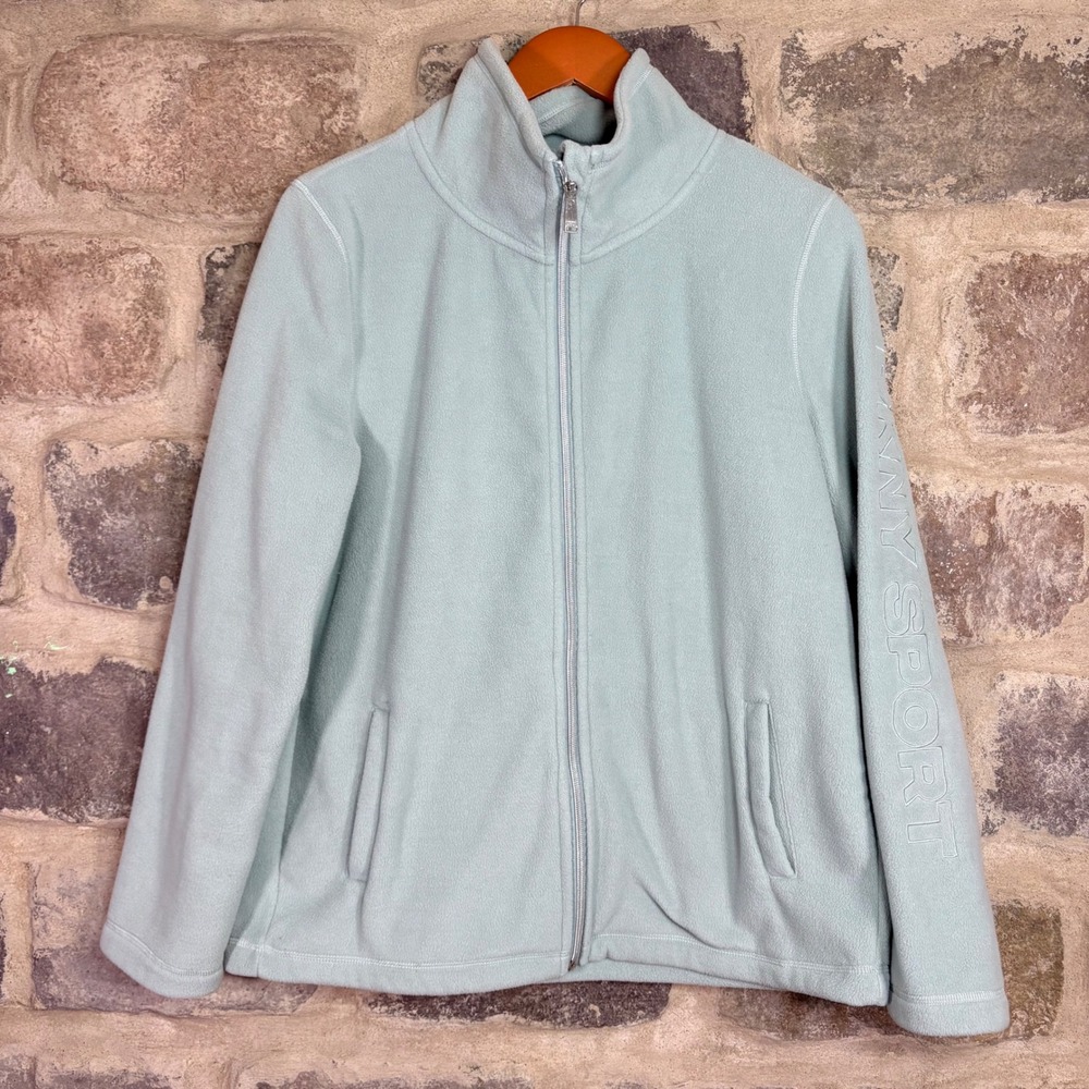 DKNY Sport Women's Large Light Blue Fleece Full Zip Jacket Logo Sleeve Gorpcore